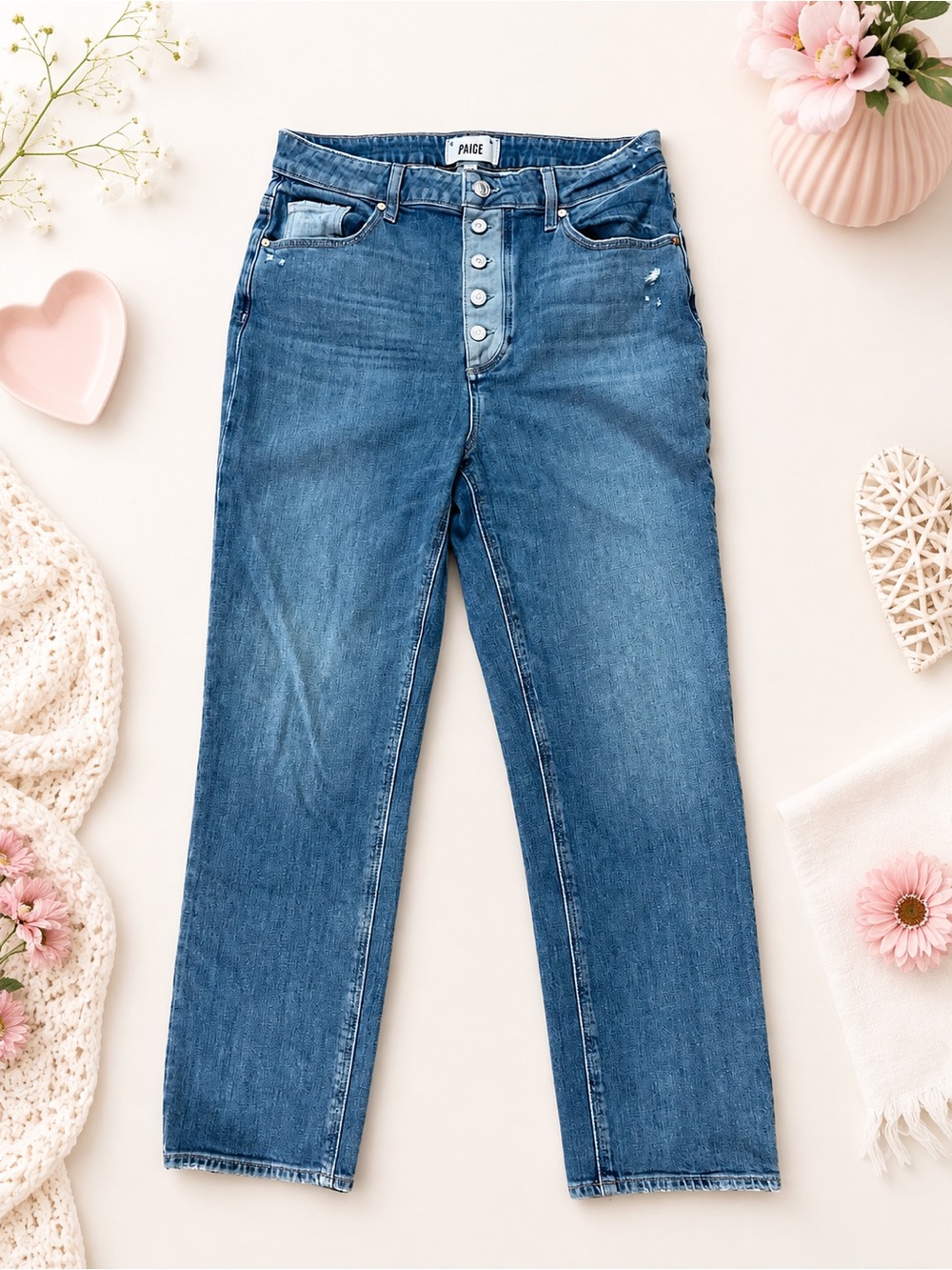 PAIGE Sarah Straight Ankle Jeans Size 30 Distressed Button Fly Medium Wash